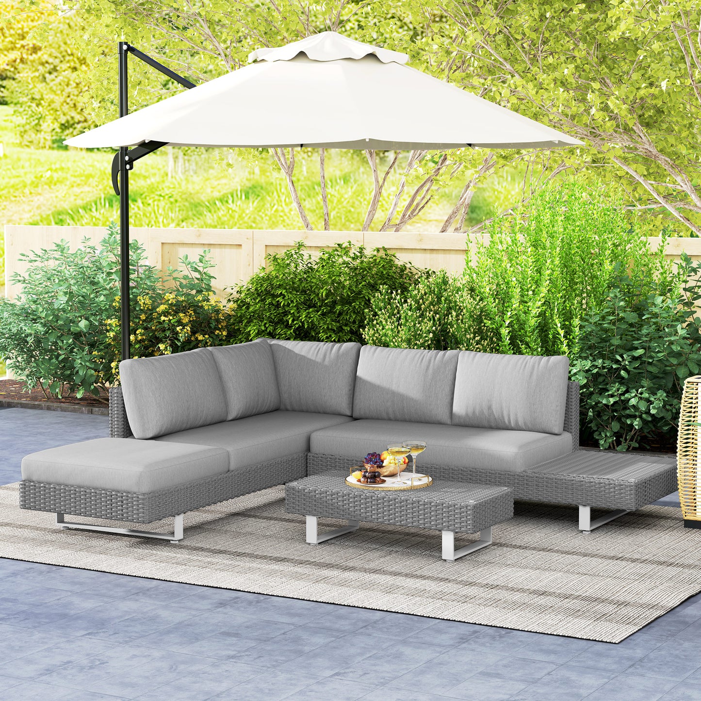 3pc Rattan Wicker Sofa Set with Tea Table & Cushions, Light Grey