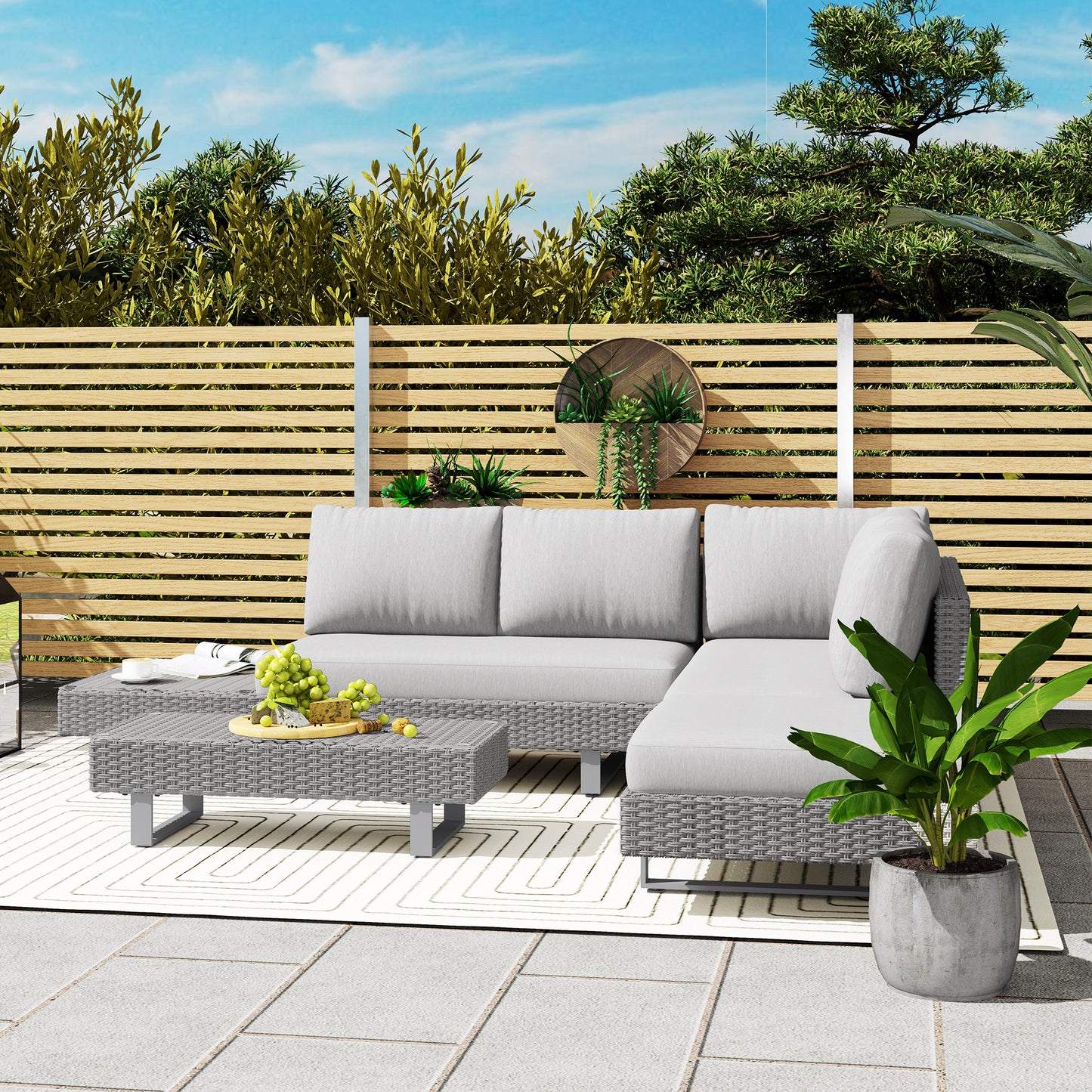 3pc Rattan Wicker Sofa Set with Tea Table & Cushions, Light Grey