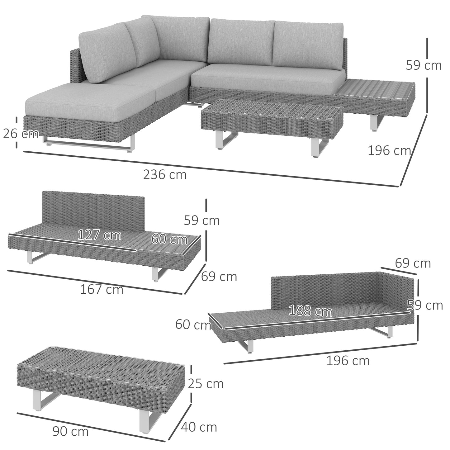 3pc Rattan Wicker Sofa Set with Tea Table & Cushions, Light Grey
