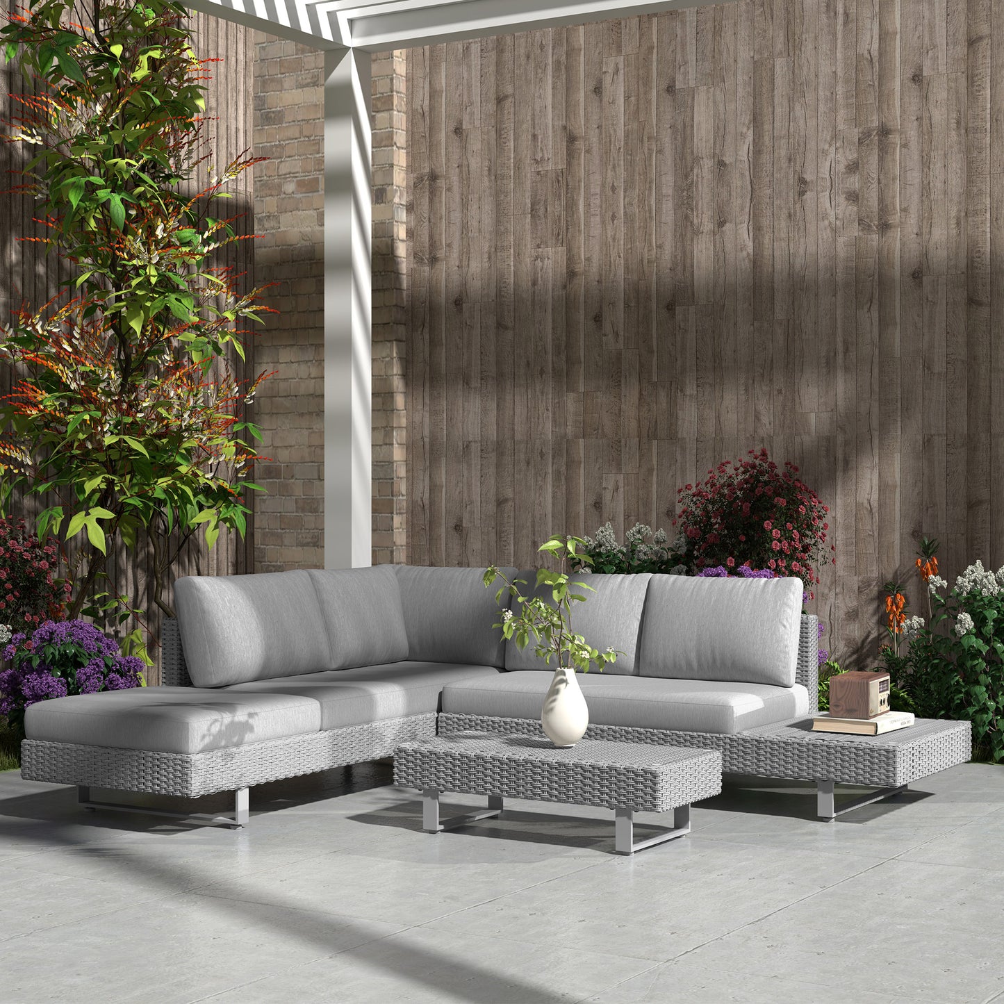 3pc Rattan Wicker Sofa Set with Tea Table & Cushions, Light Grey