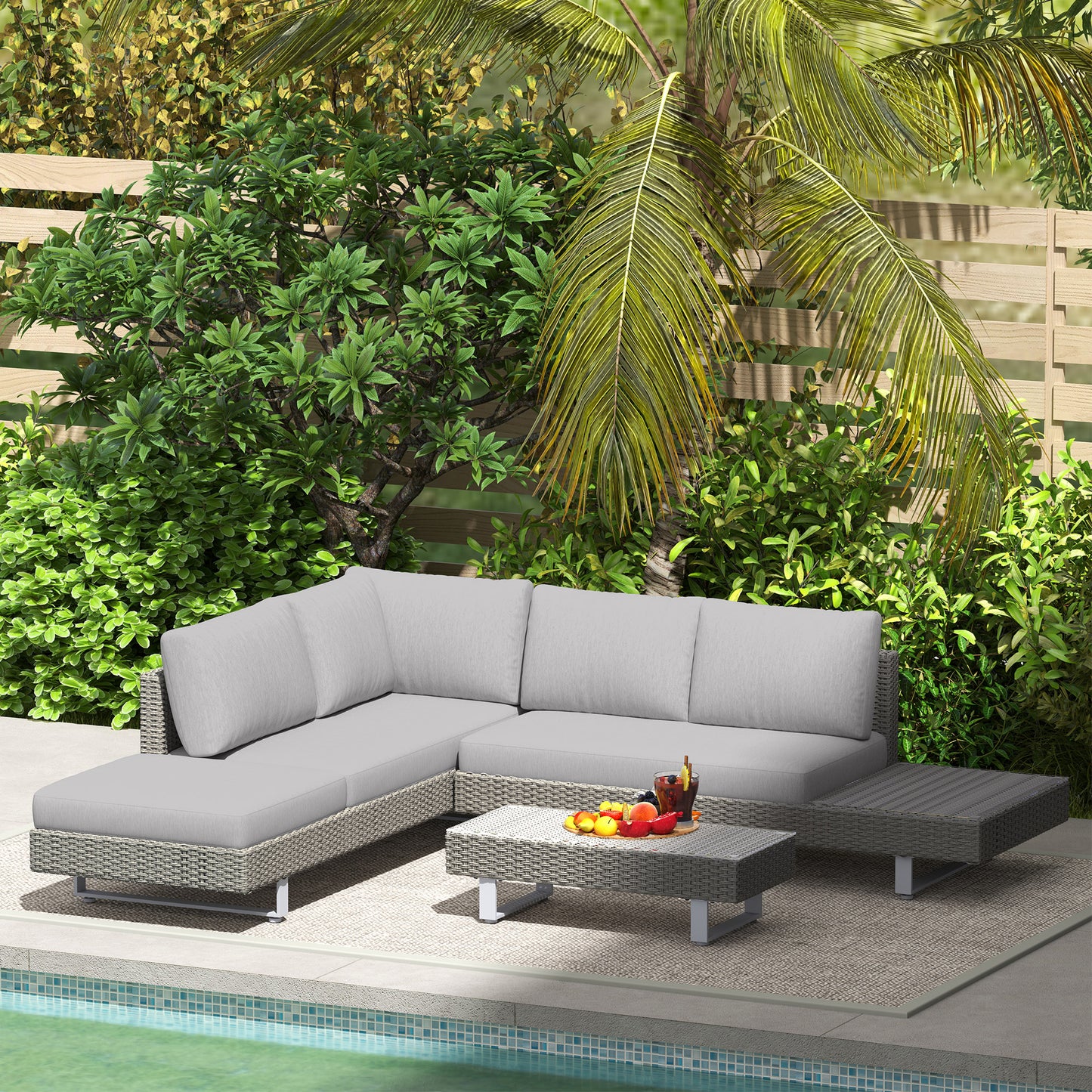 3pc Rattan Wicker Sofa Set with Tea Table & Cushions, Light Grey