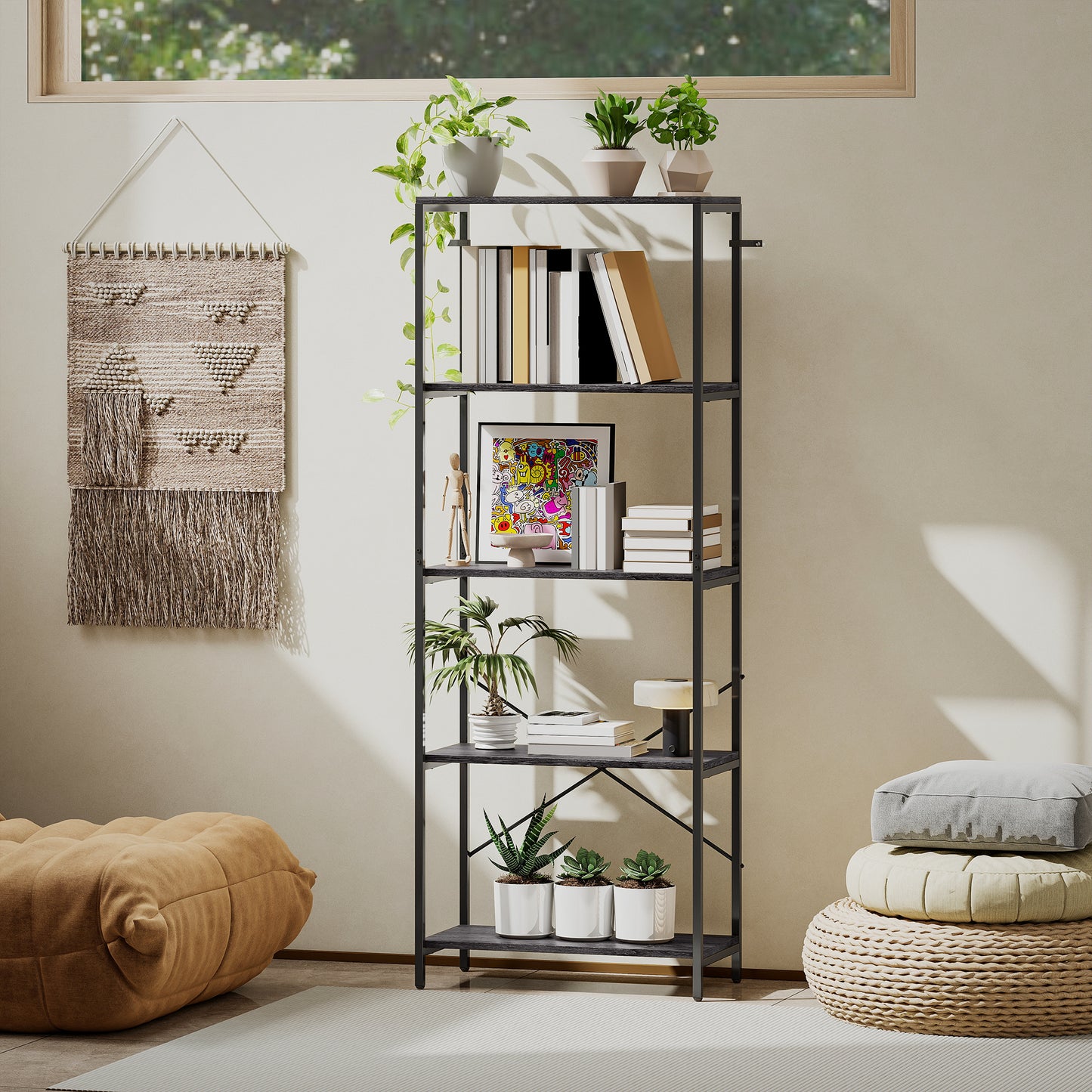 Industrial Bookshelf, Freestanding Bookcase, Dark Grey and Black