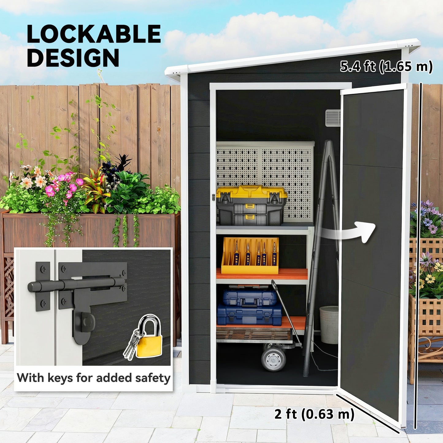 Lean to Garden Shed, Plastic Tool Storage House w/ Lockable Door