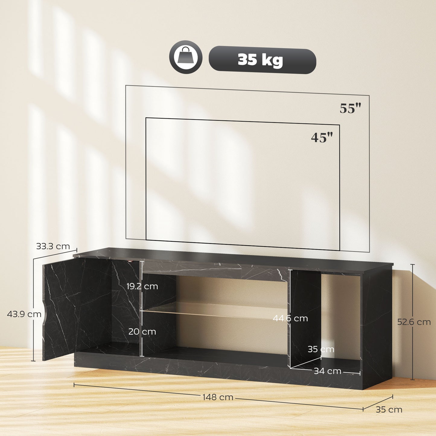 Marble Effect TV Stand Cabinet with Glass Shelf for 55 Inch TVs