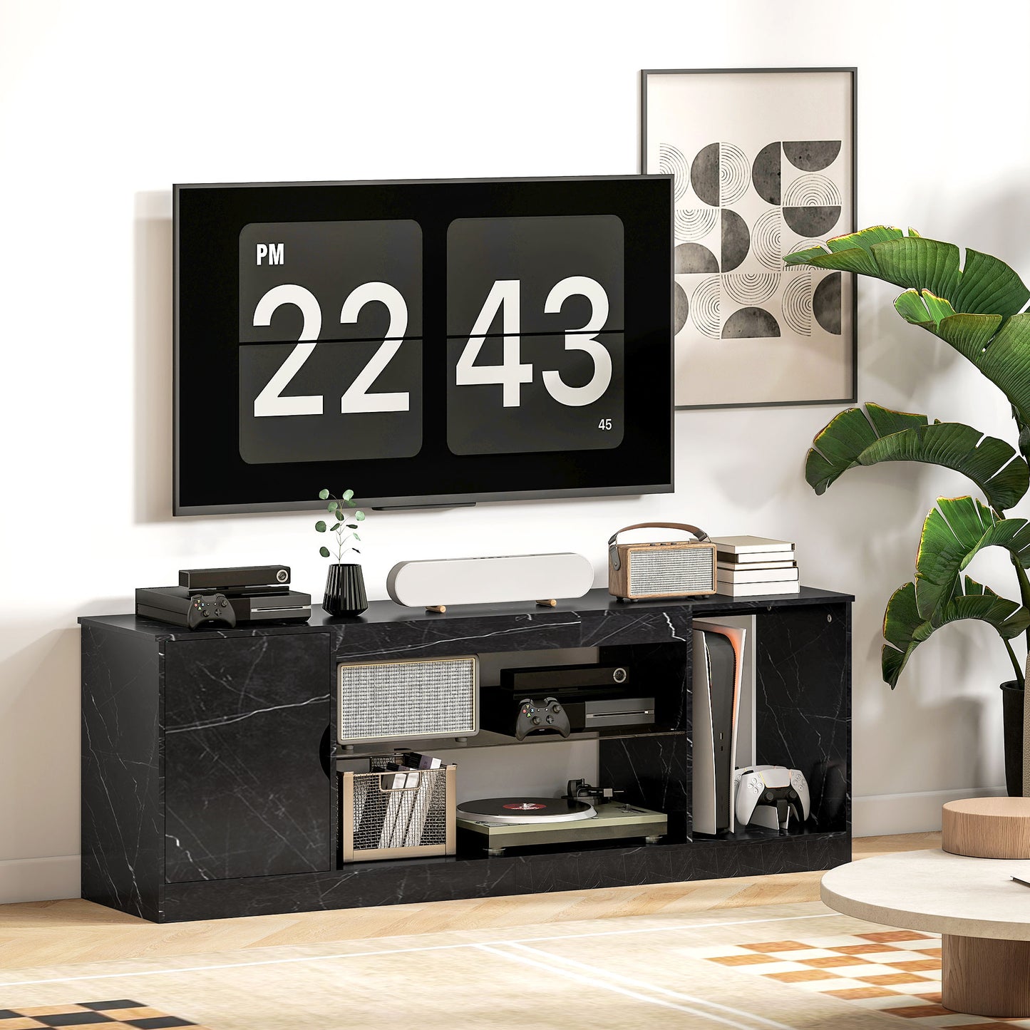 Marble Effect TV Stand Cabinet with Glass Shelf for 55 Inch TVs