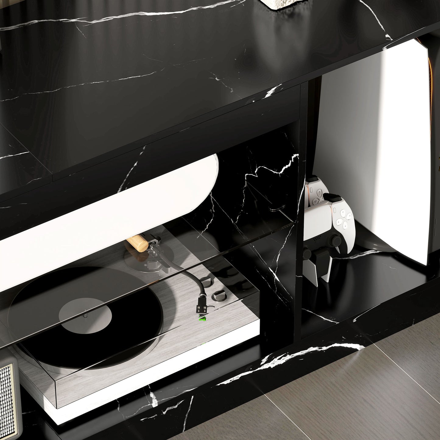 Marble Effect TV Stand Cabinet with Glass Shelf for 55 Inch TVs