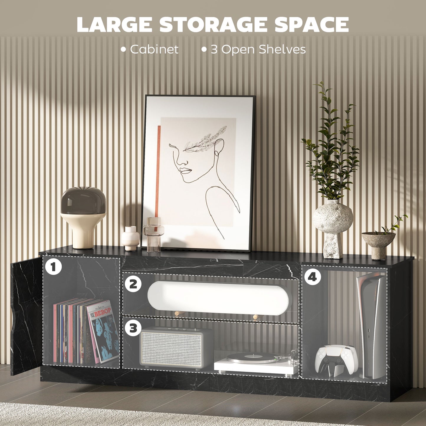 Marble Effect TV Stand Cabinet with Glass Shelf for 55 Inch TVs
