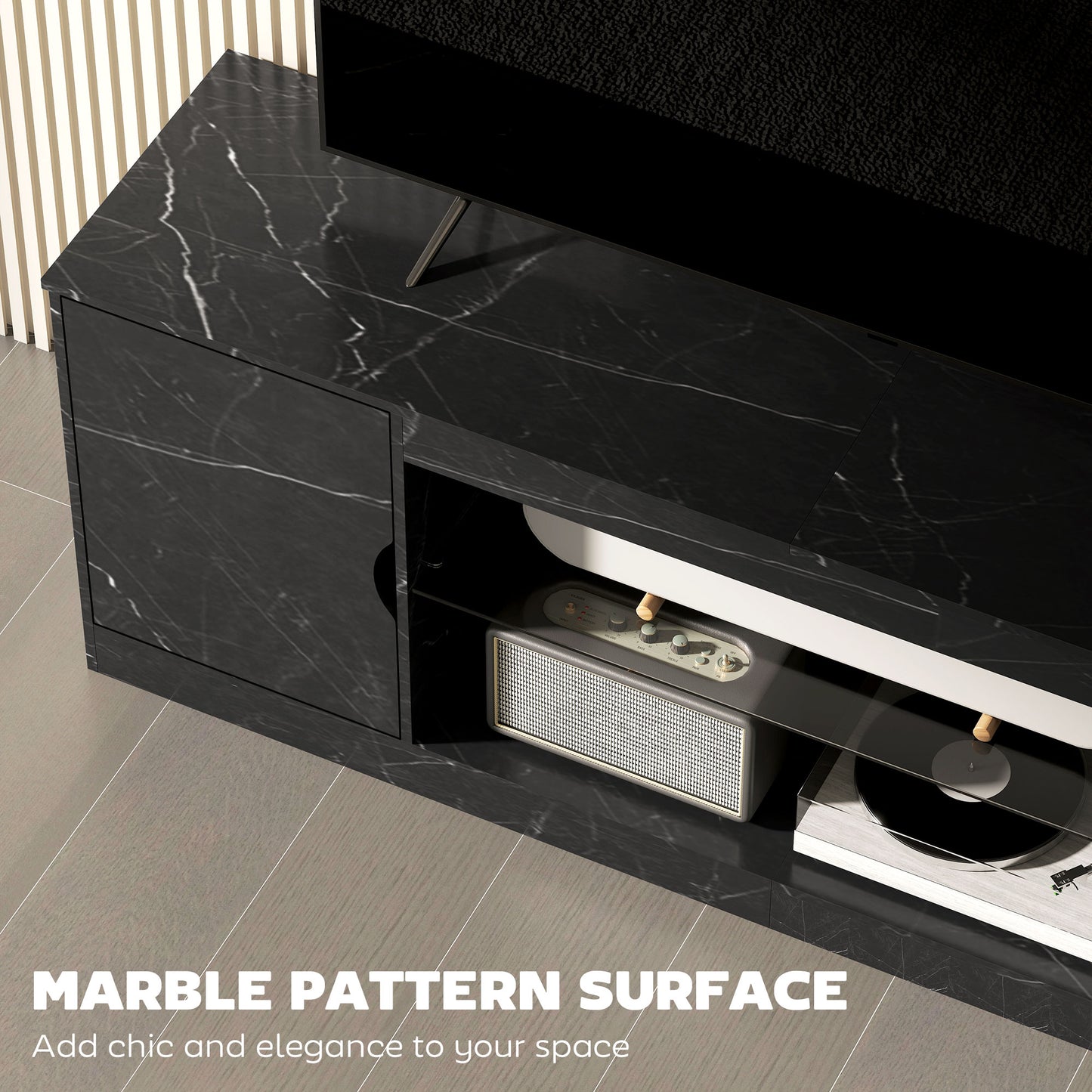 Marble Effect TV Stand Cabinet with Glass Shelf for 55 Inch TVs