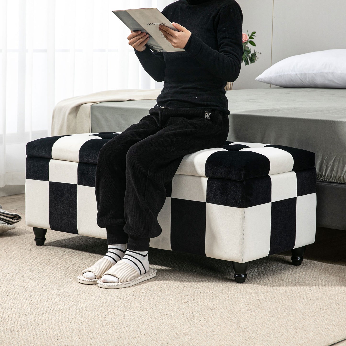 Velvet Storage Ottoman, Button-tufted Footstool Box, Toy Chest with Lid for Living Room, Bedroom, White and Black
