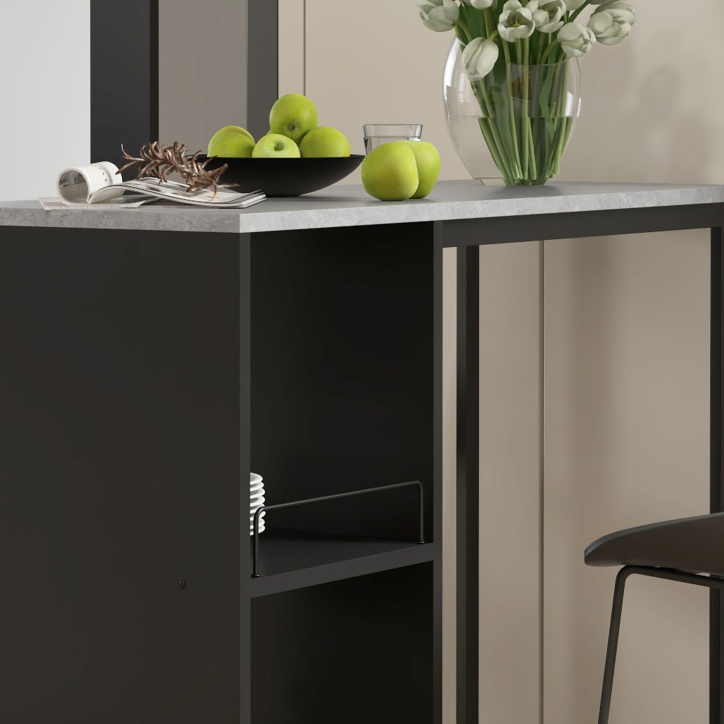 105 cm Rectangular Bar Table for 2 People with Wine Rack, Modern Breakfast Bar Table with 3 Storage Shelves and Faux Marble Top for Kitchen, Black