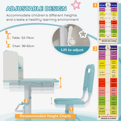 Height Adjustable Kids Desk and Chair Set, with Drawer, Bookshelf, Blue