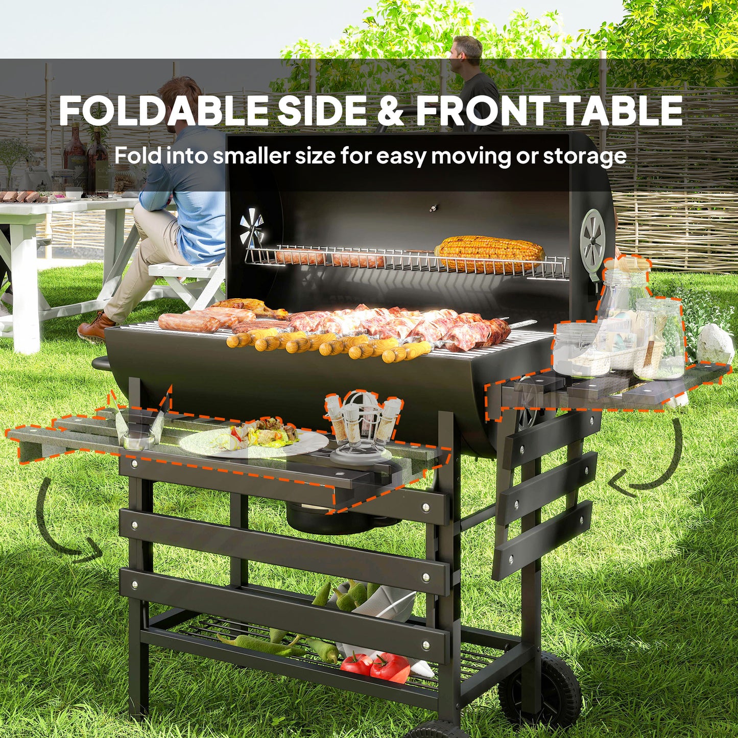 Charcoal BBQ Grill with Warming Rack Shelves Temperature Gauge