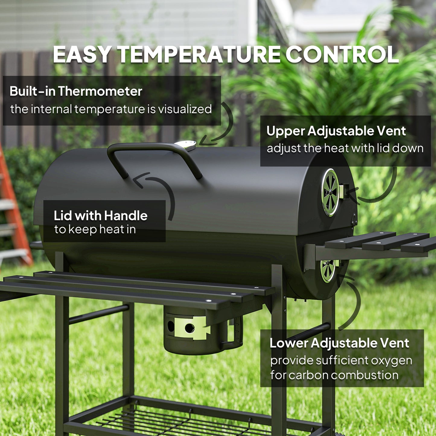 Charcoal BBQ Grill with Warming Rack Shelves Temperature Gauge