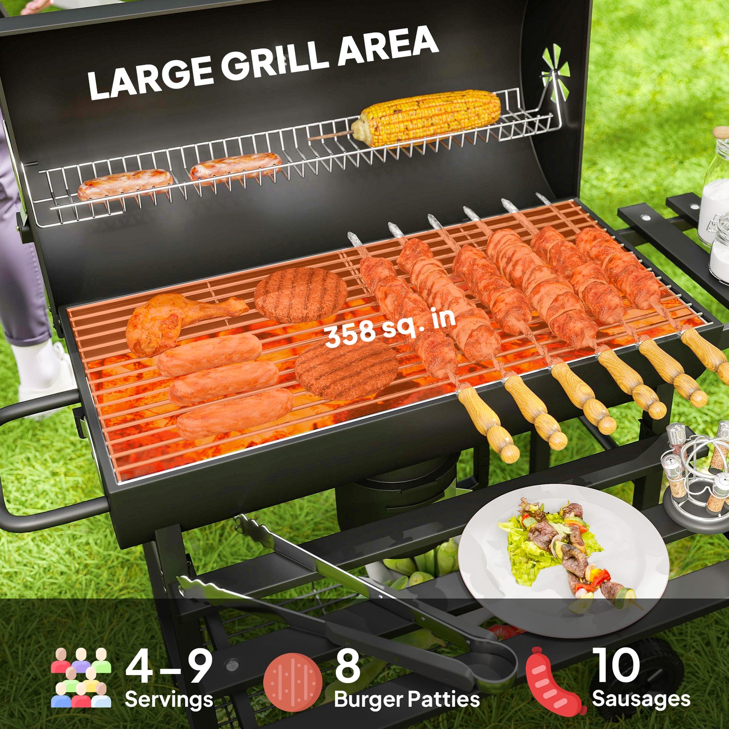 Charcoal BBQ Grill with Warming Rack Shelves Temperature Gauge