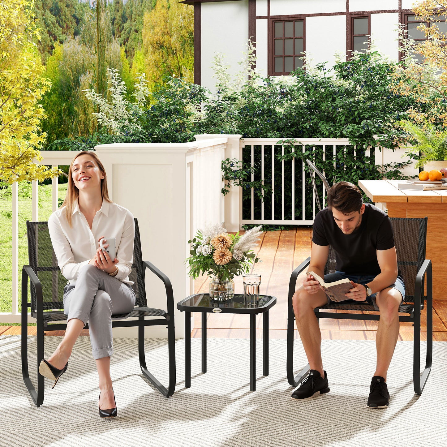 Garden Bistro Set, Metal Garden Furniture Set with Mesh Chairs