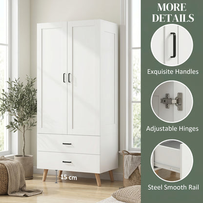 2-Door Wardrobe, Modern Deep Wardrobe with 2 Drawers and Hanging Rail for Bedroom, Flats, 80 x 54 x 180 cm, White