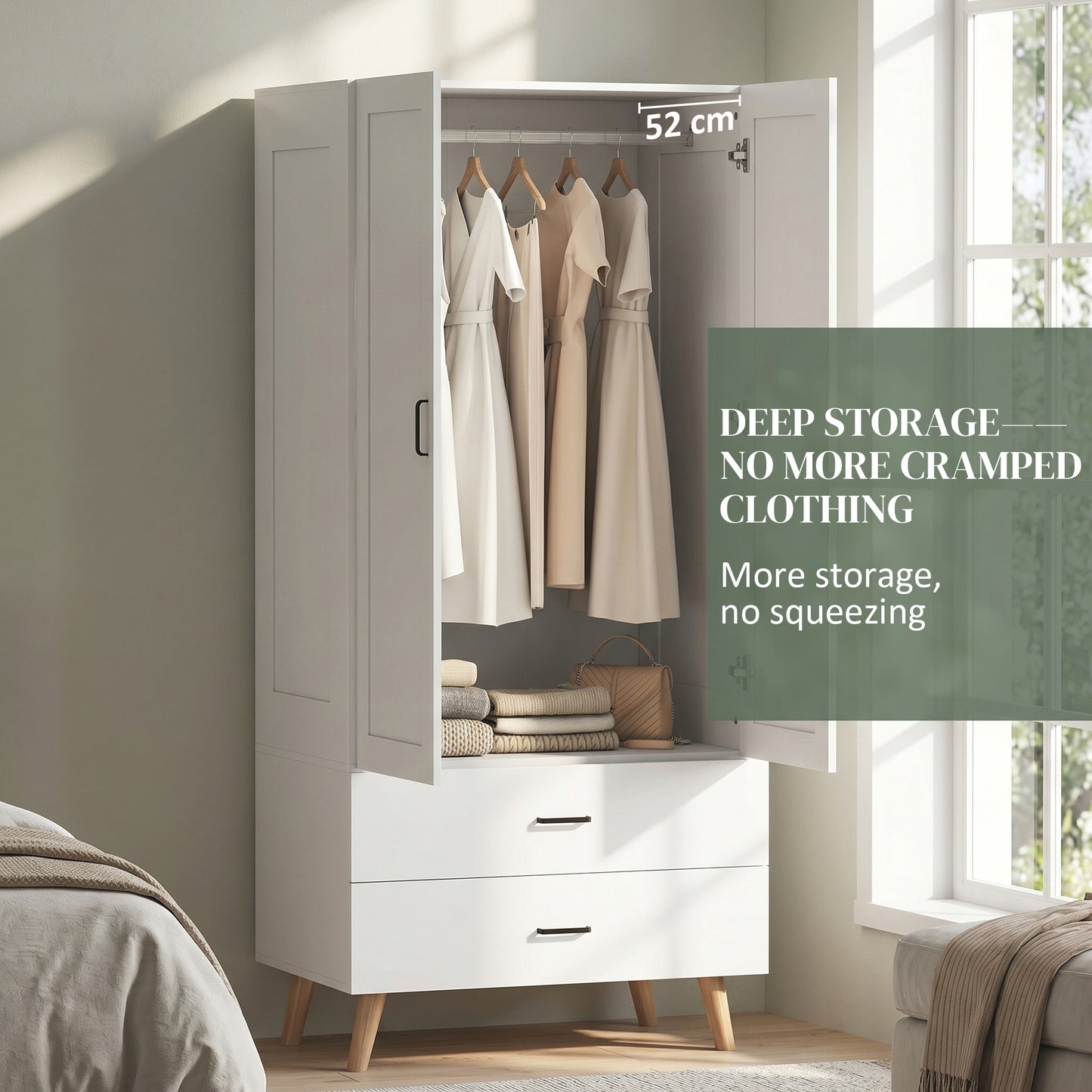 2-Door Wardrobe, Modern Deep Wardrobe with 2 Drawers and Hanging Rail for Bedroom, Flats, 80 x 54 x 180 cm, White