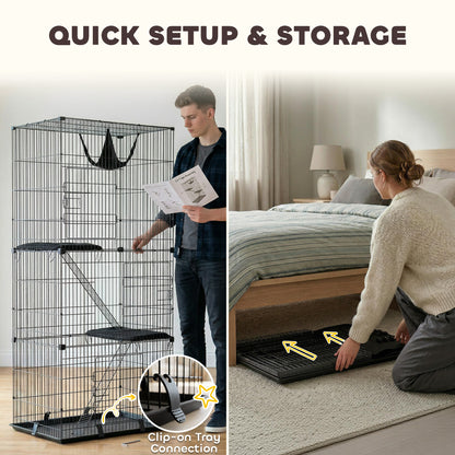 3-Tier Large Cat Cage Indoor, Detachable Metal Wire Kennel with Hammock, Platforms, Bottom Tray and Cushions, Large Exercise Place with Ladders and 3 Front Doors for 1-2 Kittens, Black