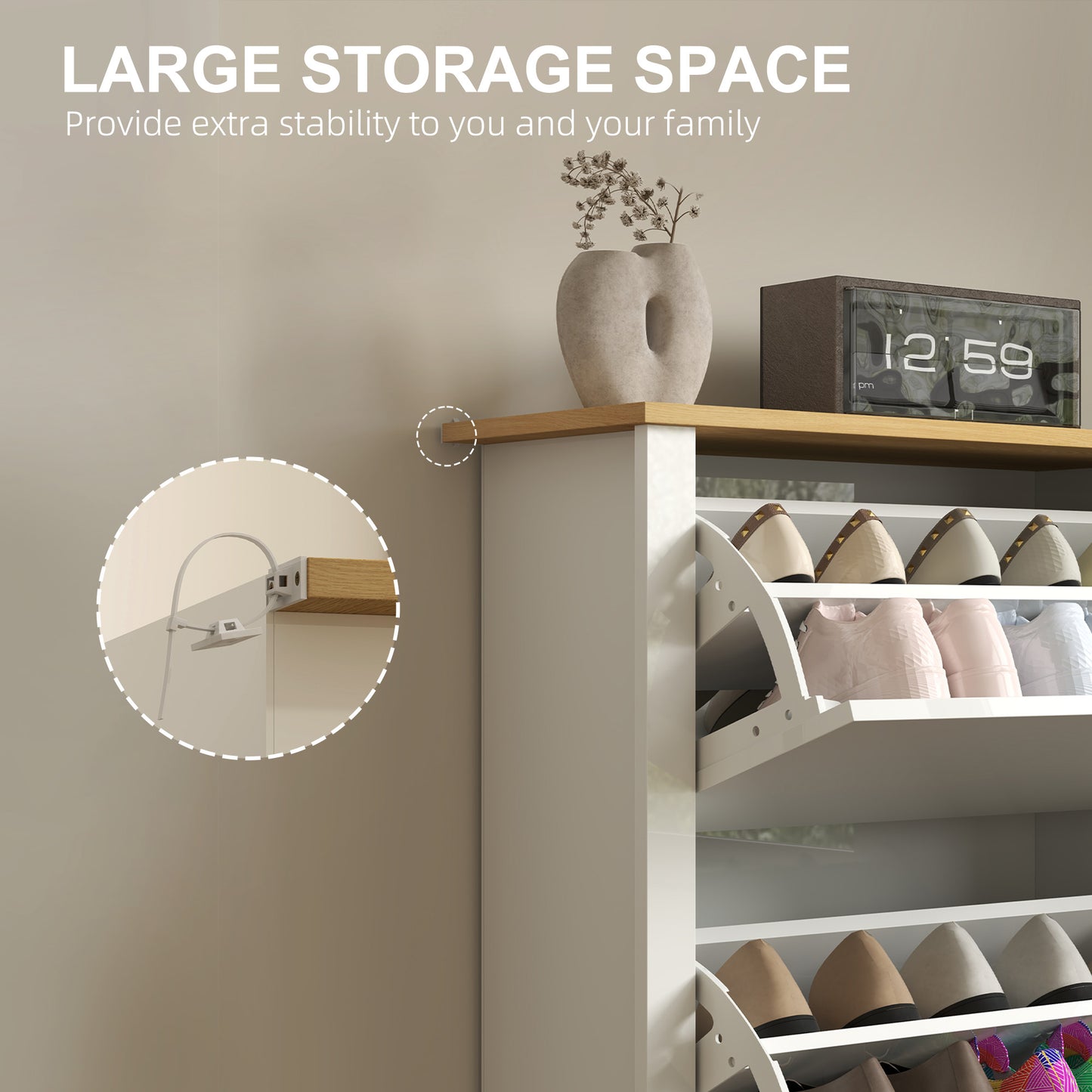 12-Shoe Storage Cabinet 4 Shelves 2 Drawers Tabletop High Gloss White