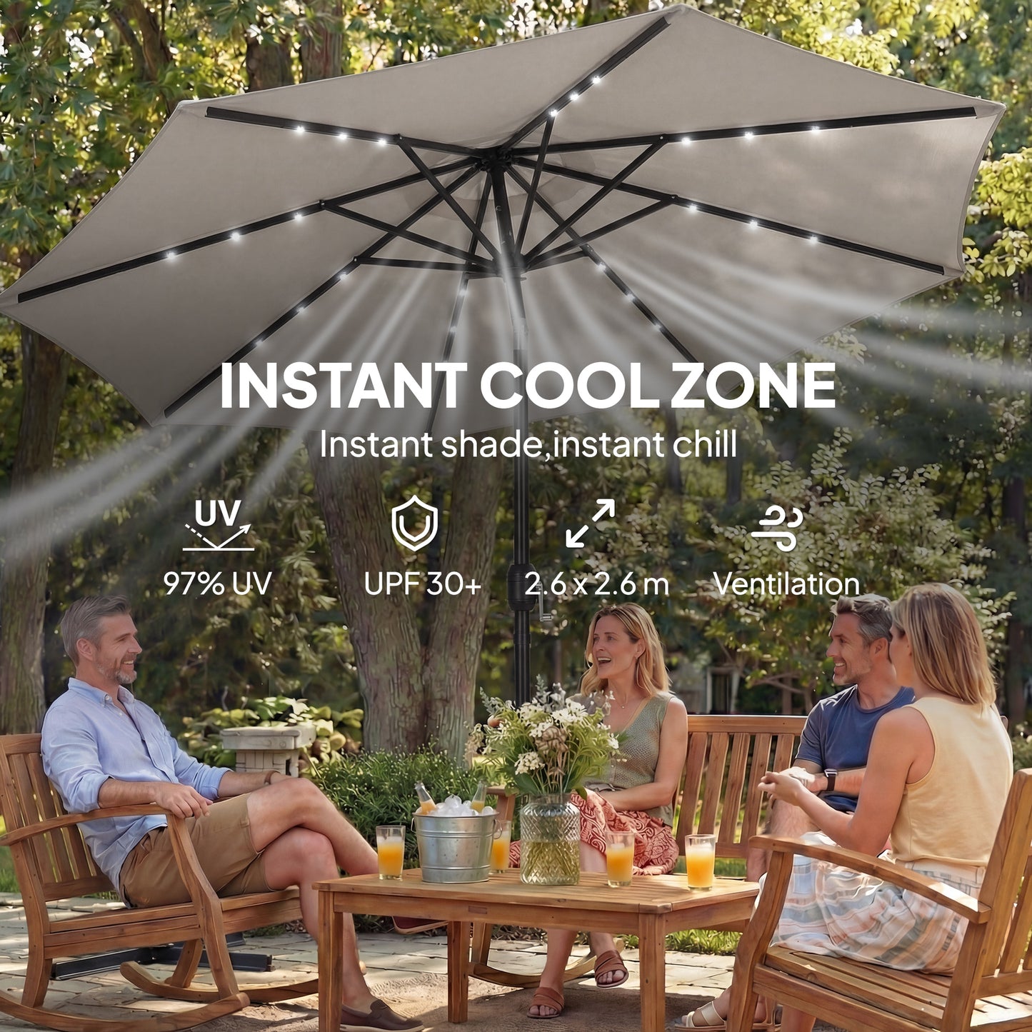 2.6 m Garden Parasol Umbrella with Light, Outdoor Patio Umbrella