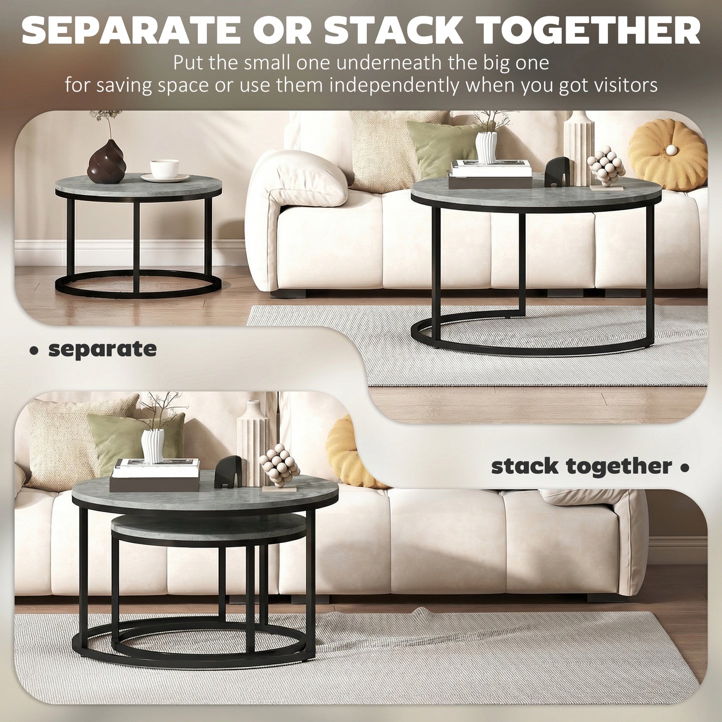 2 Pcs Stacking Coffee Table Set Steel Frame, Cement Grey