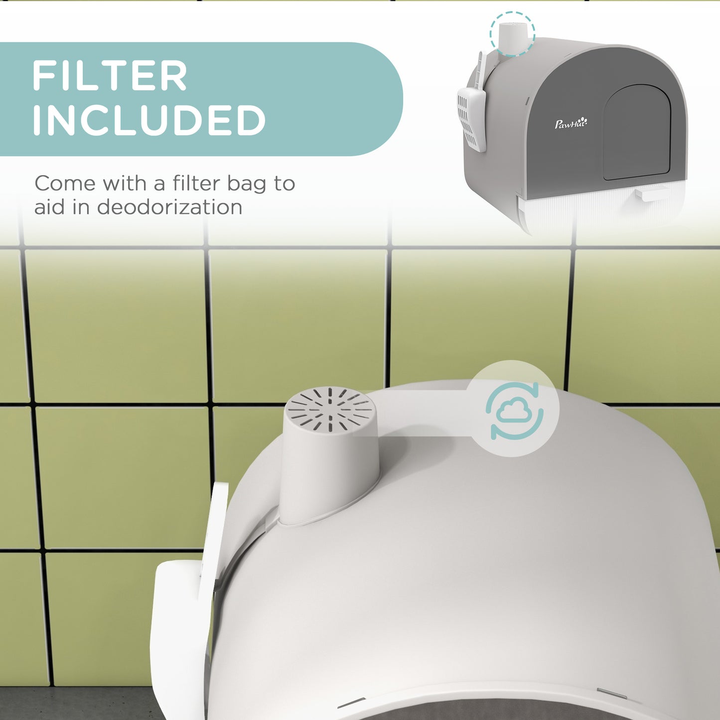 Cat Litter Box Kitten Litter Tray w/ Lid, Scoop, Filter, Flap Door, Grey