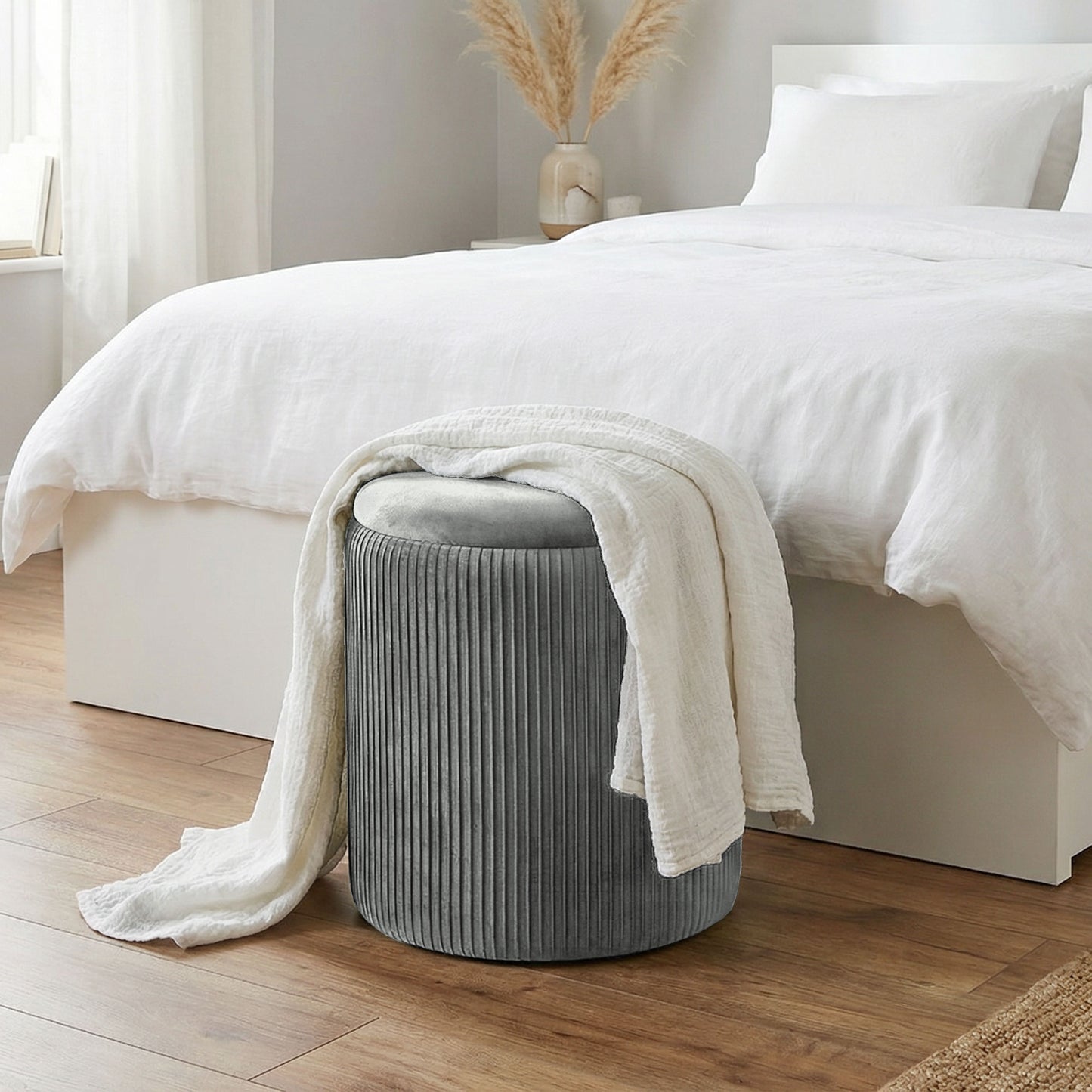 Round Storage Ottoman with Removable Top, Grey