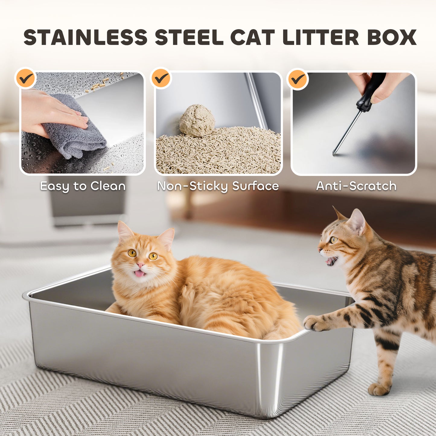 Stainless Steel, XL Cat Litter Tray, Dual Entry, Light Grey