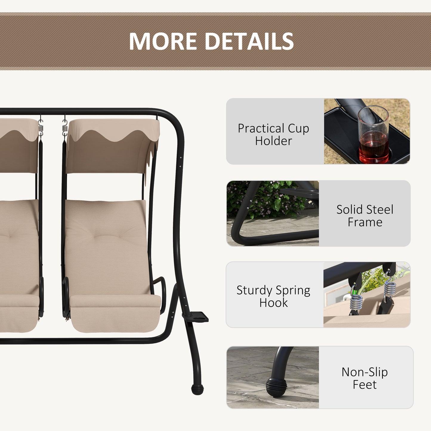 Canopy Swing Chair Modern Garden Swing Seat Outdoor Relax Chairs w/ 2 Separate Chairs, Cushions and Removable Shade Canopy, Beige
