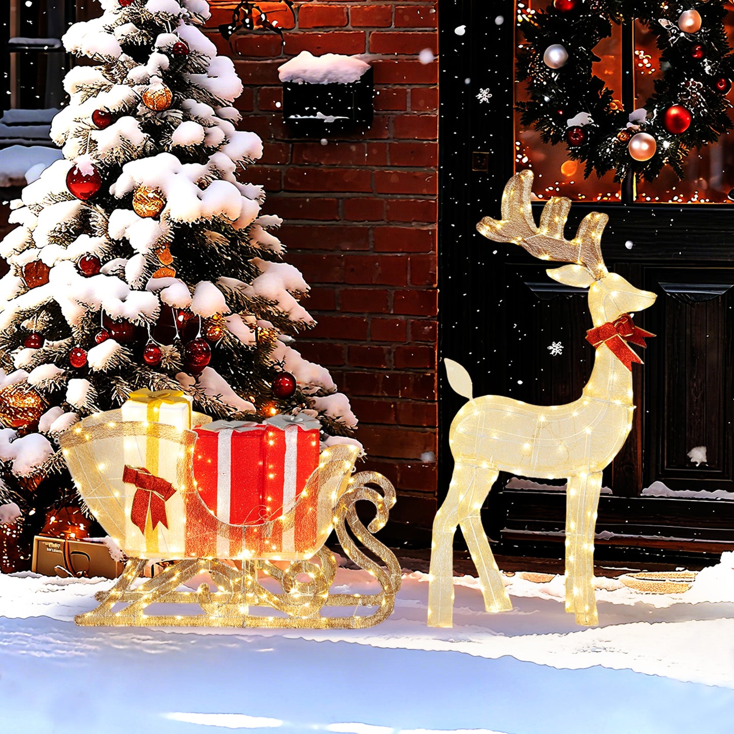 Lighted Christmas Decoration, Outdoor Light Up Deer and Sleigh