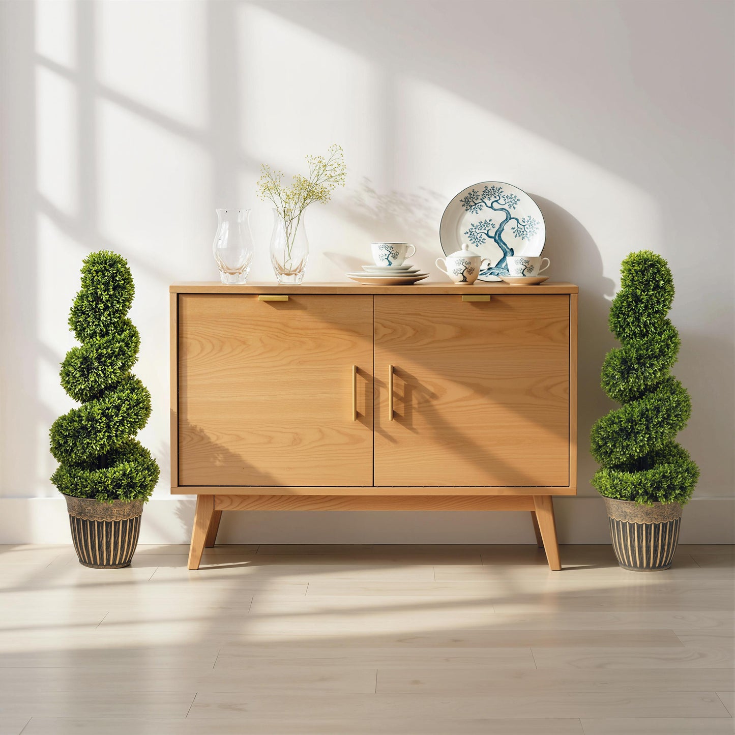 Set of 2 Potted Artificial Plants, Topiary Spiral Boxwood Trees, 90cm