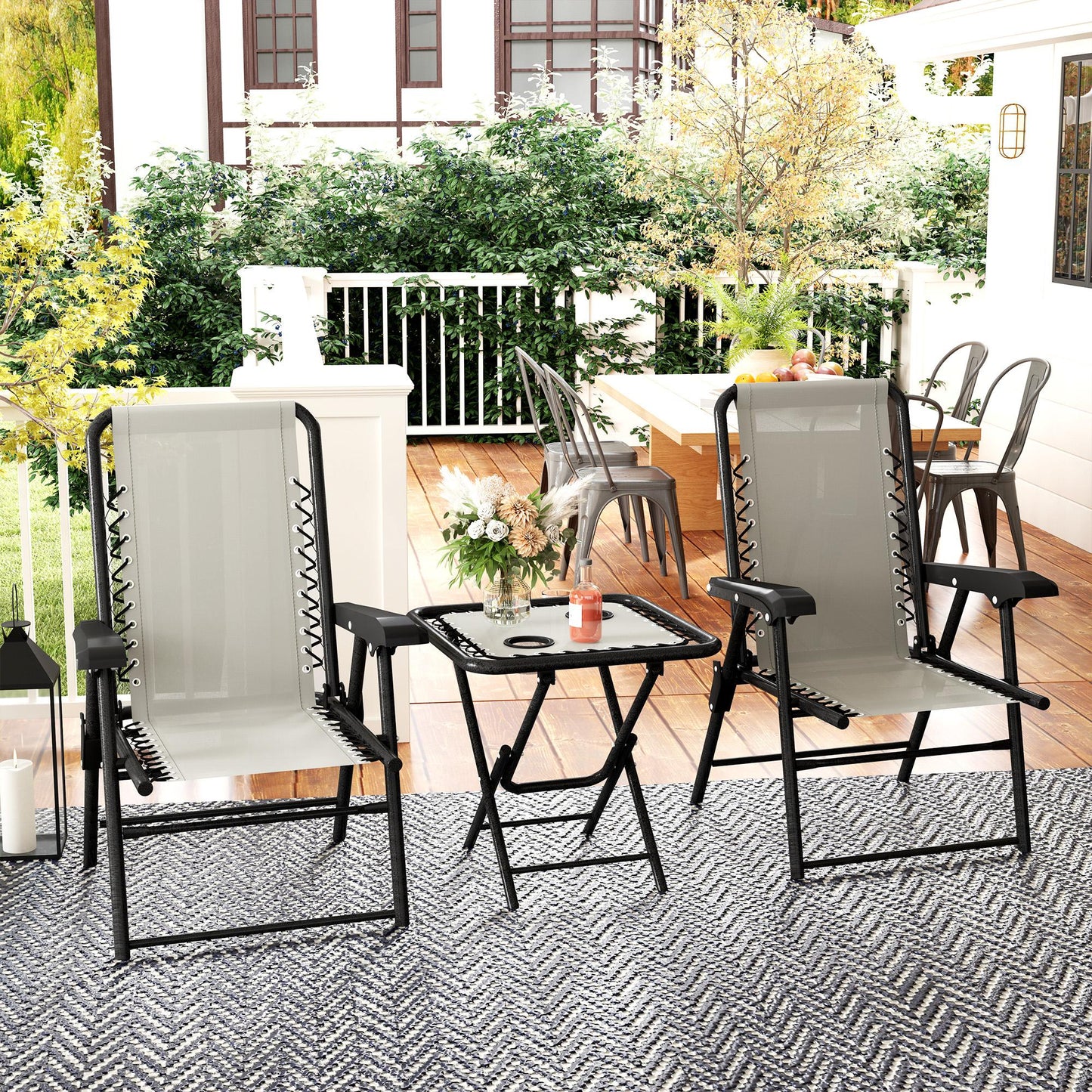 3 Pieces Folding Garden Bistro Set with Cup Holders, Cream White