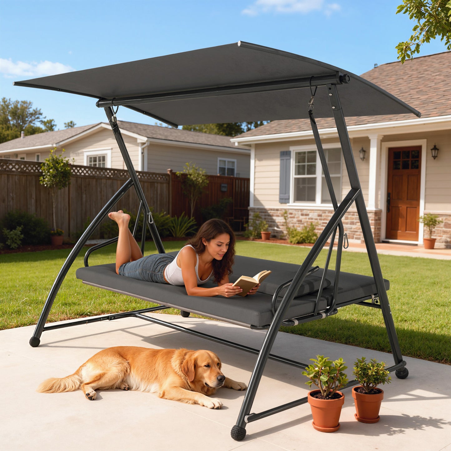 2-in-1 Swing Chair 3 Seater Hammock Cushion Bed Tilt Canopy Grey