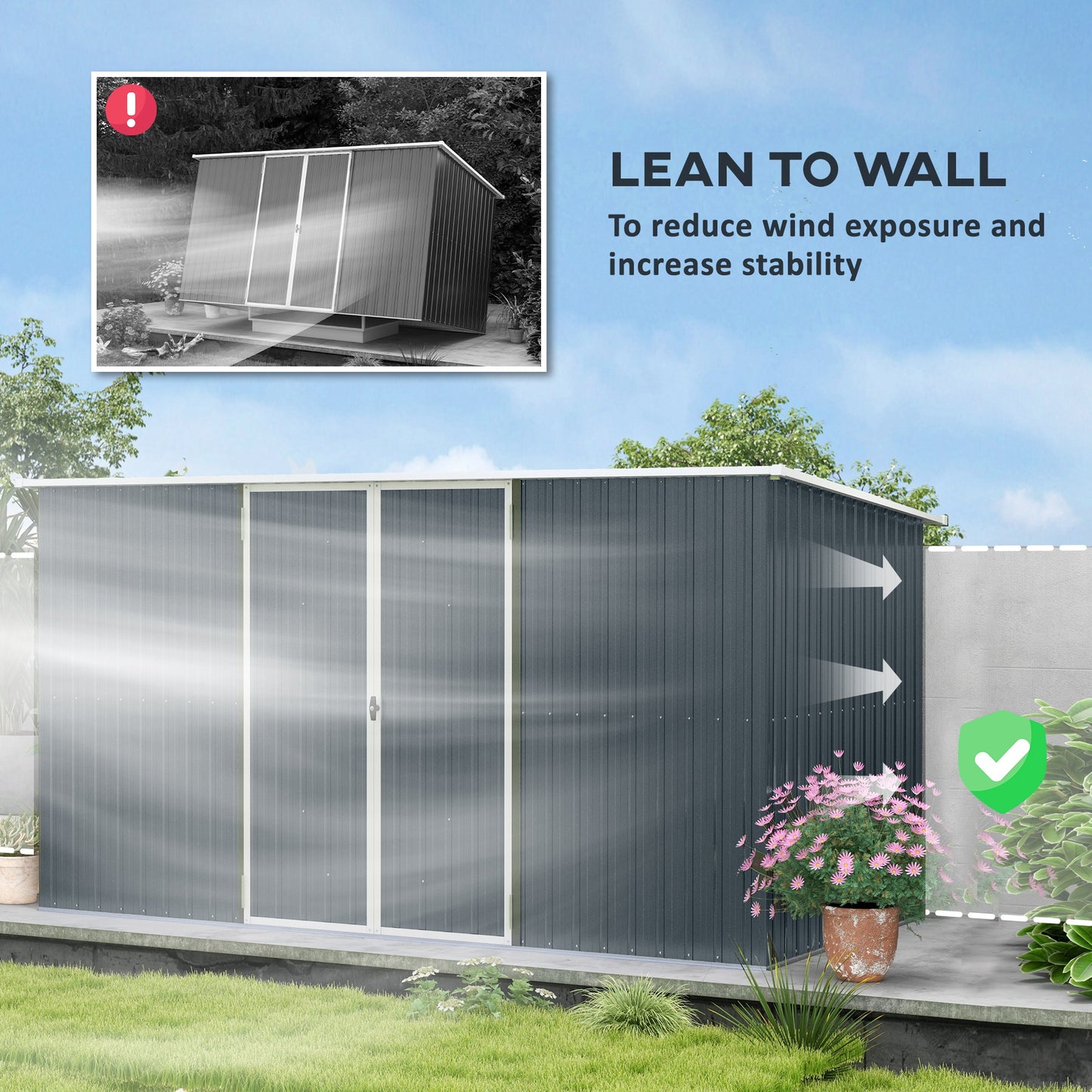 11 x 5.6ft Galvanised Metal Garden Shed with Lockable Doors, Grey