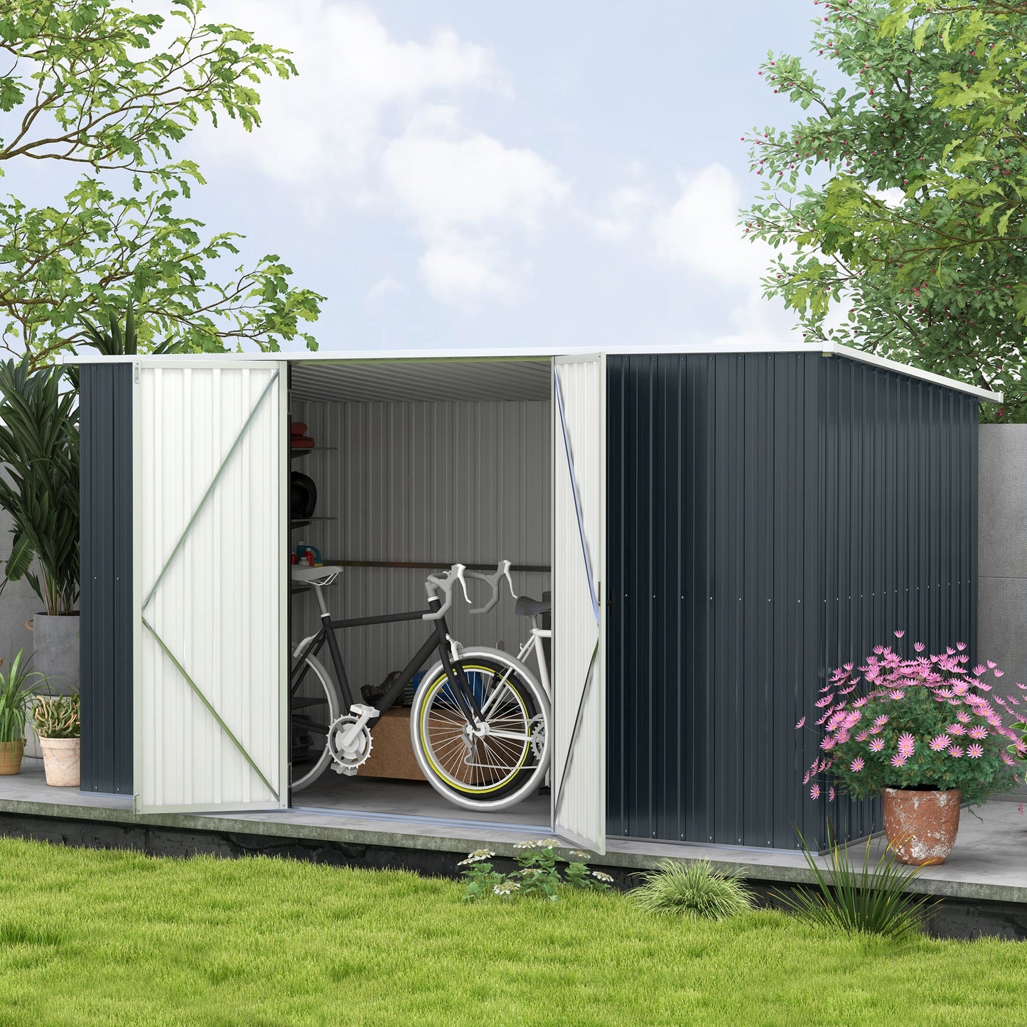 11 x 5.6ft Galvanised Metal Garden Shed with Lockable Doors, Grey