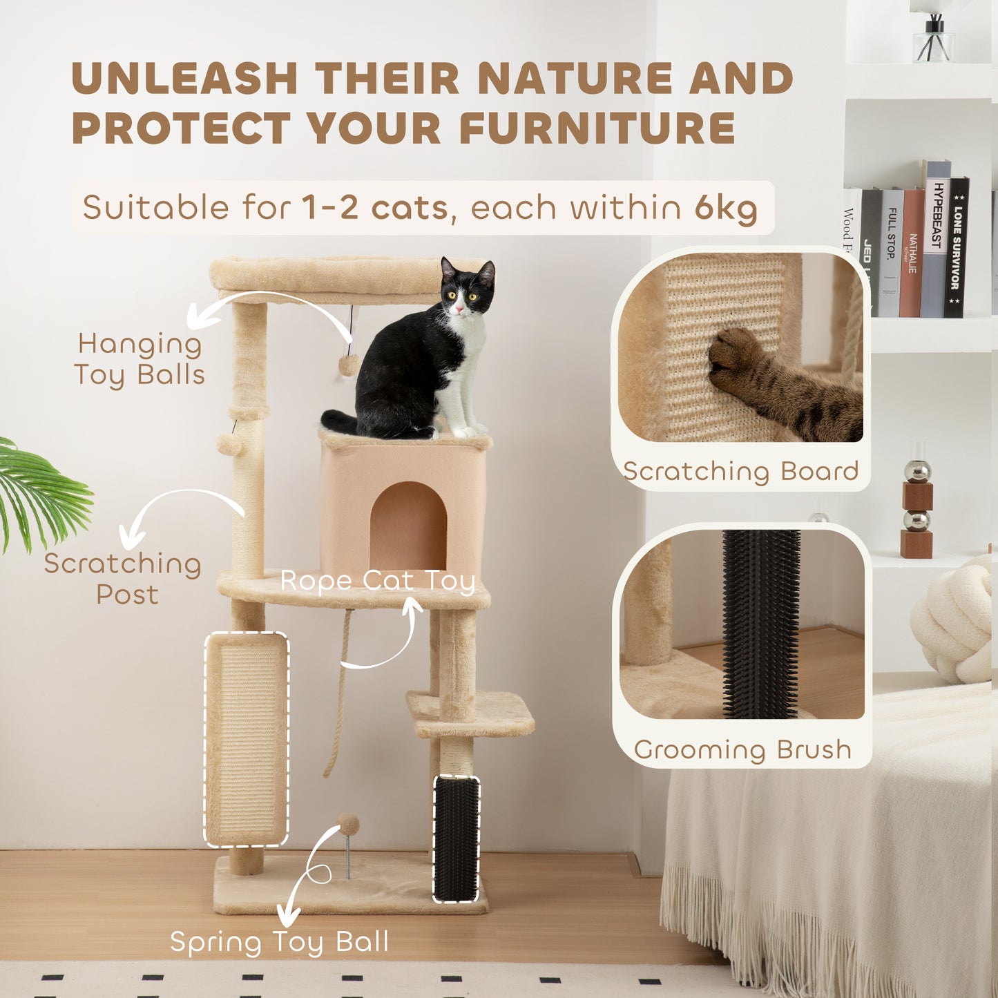 Cat Tree Tower Scratching Post Bed House, 132cm, Beige