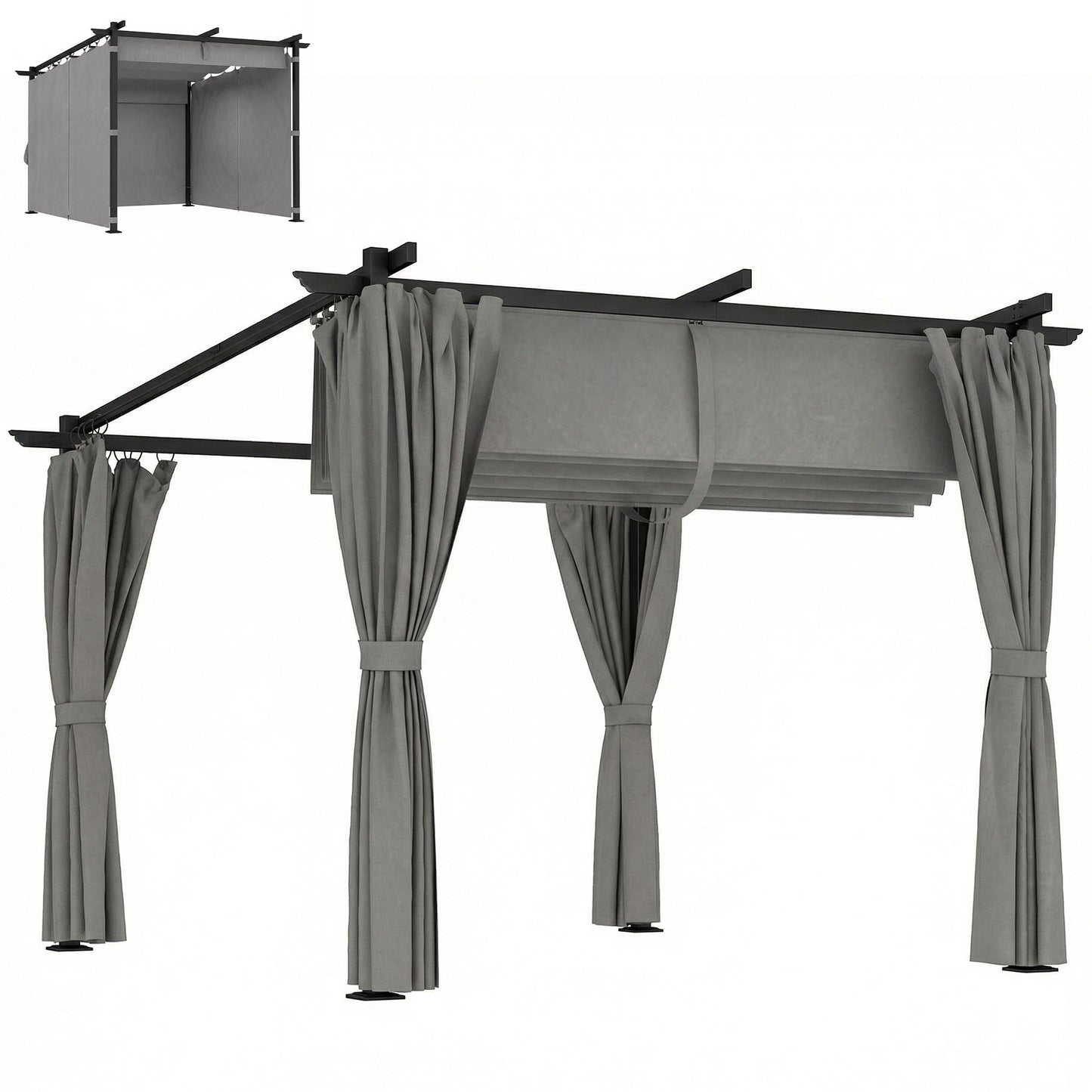 3 x 3(m) Metal Pergola with Retractable Roof and Sidewalls, Light Grey