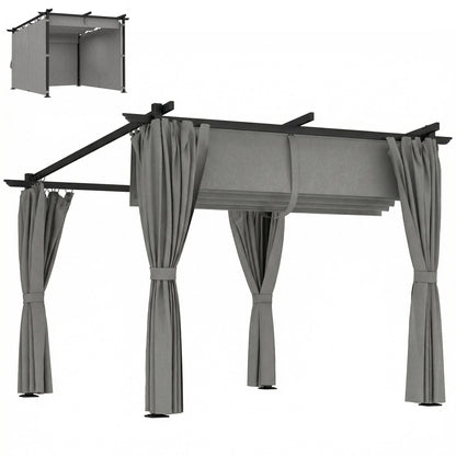 3 x 3(m) Metal Pergola with Retractable Roof and Sidewalls, Light Grey