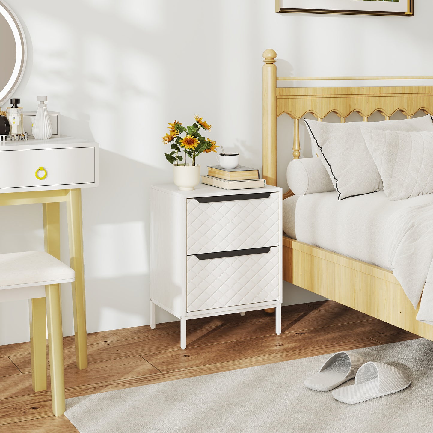 Chest of Drawers, 2 Fabric Drawer Dresser, Aluminium Handles, White