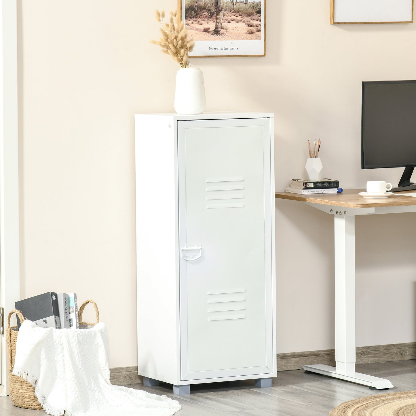 Modern 3-Tier Cabinet Storage Organiser with Louvred Metal Door White