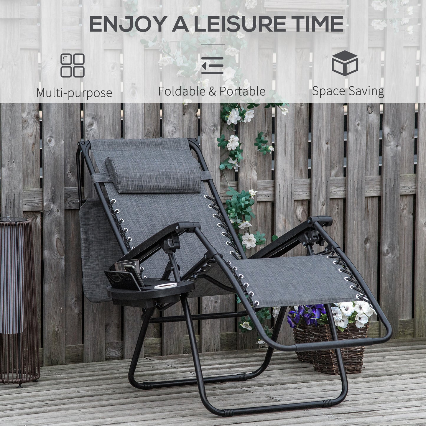 Zero Gravity Chair Adjustable Patio Lounge w/ Cup Holder Dark Grey