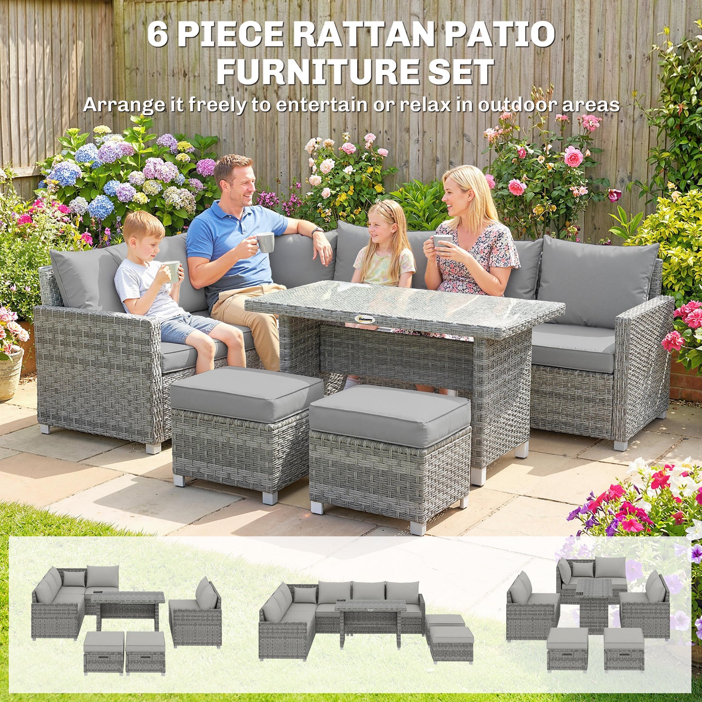 6 Seater Rattan Garden Furniture Set with 3 Sofas, 2 Footstools, Table, Patio Rattan Furniture Sofa Sets, Grey