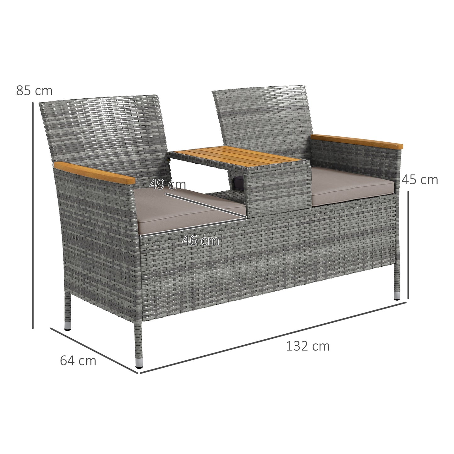 Rattan Garden Bench w/ Wood Top Table, Wicker Chair w/ Cushions, Grey