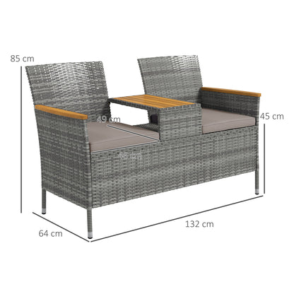 Rattan Garden Bench w/ Wood Top Table, Wicker Chair w/ Cushions, Grey