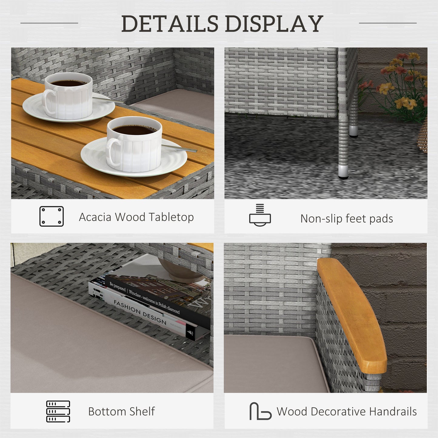 Rattan Garden Bench w/ Wood Top Table, Wicker Chair w/ Cushions, Grey