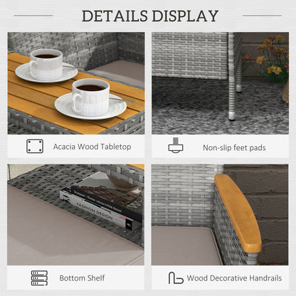 Rattan Garden Bench w/ Wood Top Table, Wicker Chair w/ Cushions, Grey