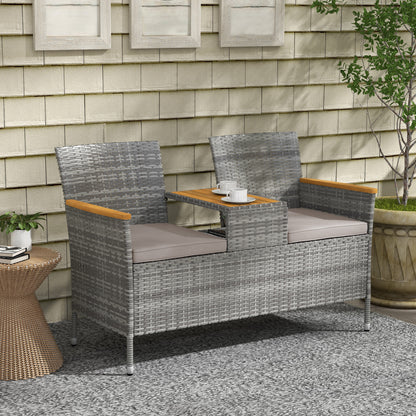 Rattan Garden Bench w/ Wood Top Table, Wicker Chair w/ Cushions, Grey
