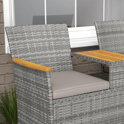 Rattan Garden Bench w/ Wood Top Table, Wicker Chair w/ Cushions, Grey