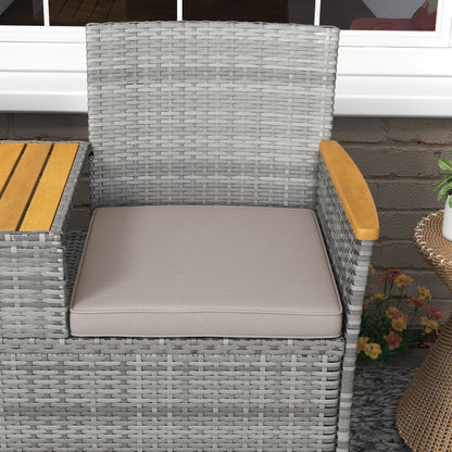 Rattan Garden Bench w/ Wood Top Table, Wicker Chair w/ Cushions, Grey