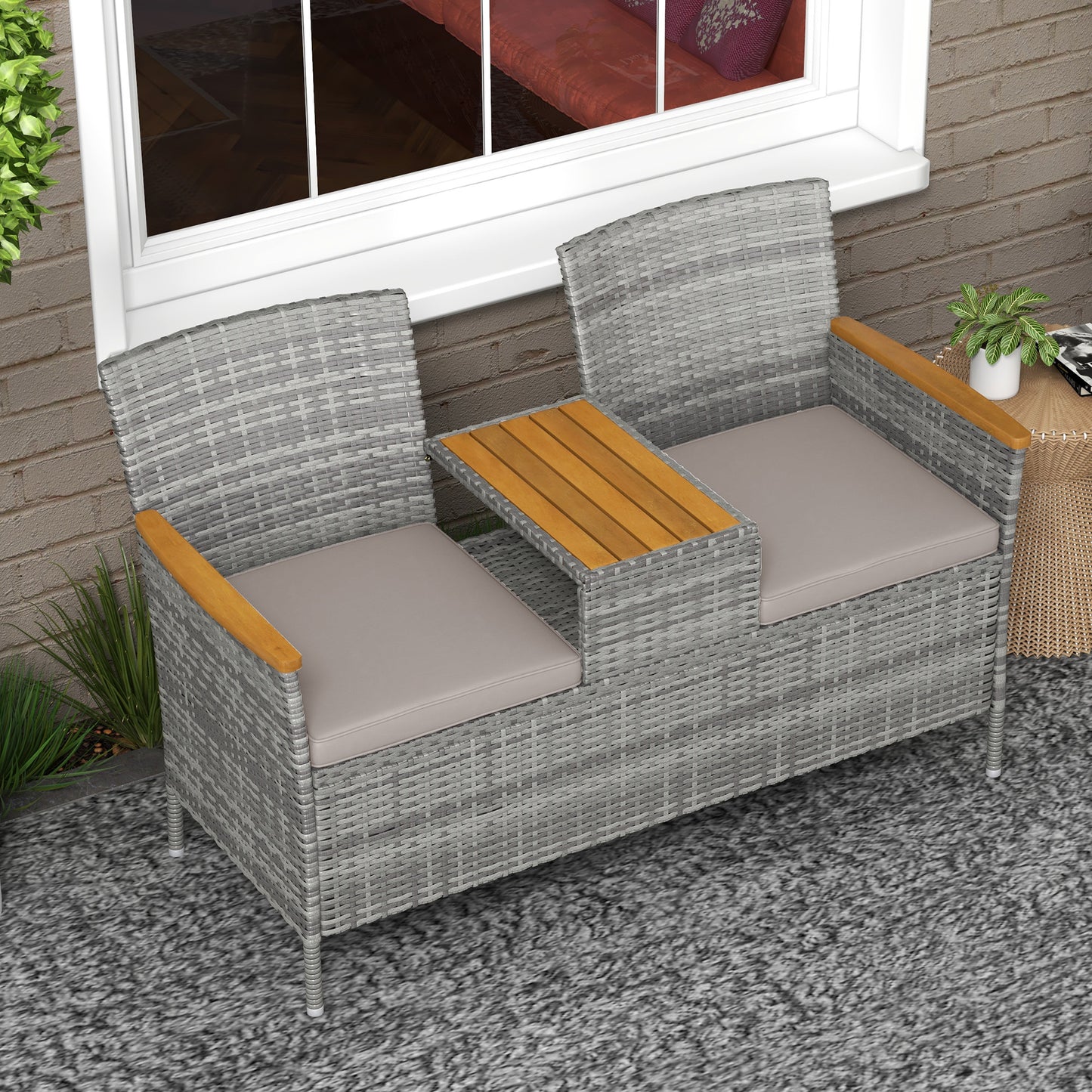 Rattan Garden Bench w/ Wood Top Table, Wicker Chair w/ Cushions, Grey